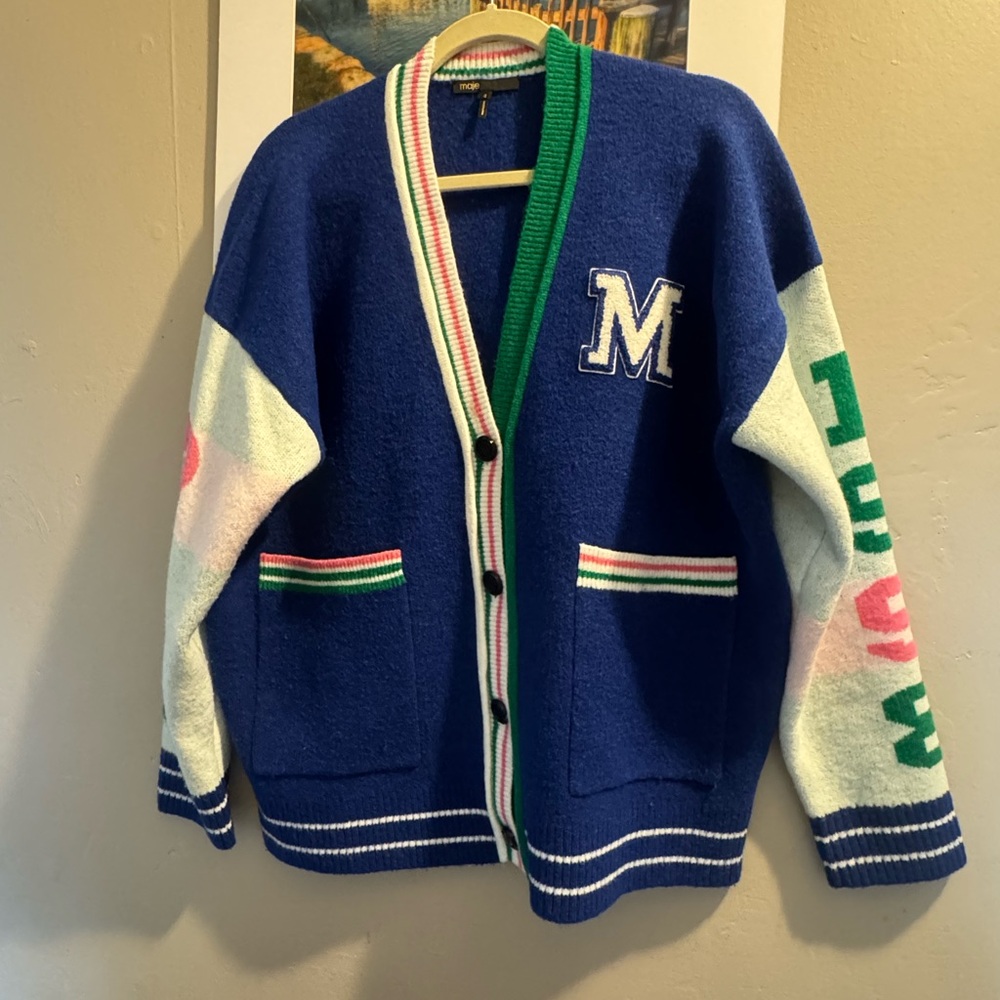 Maje Blue and Cream Sweater with 'M' Patch